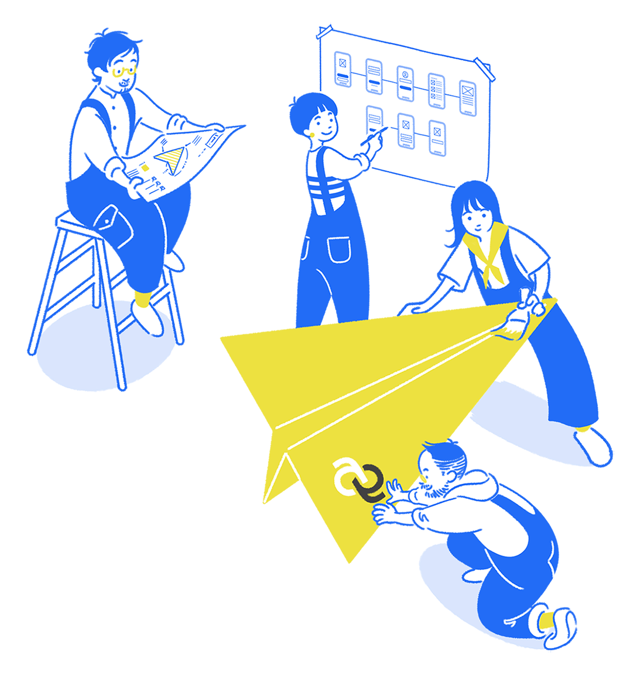 アーキビジョンのメンバーが設計図を見ながら紙飛行機を作っているイラスト