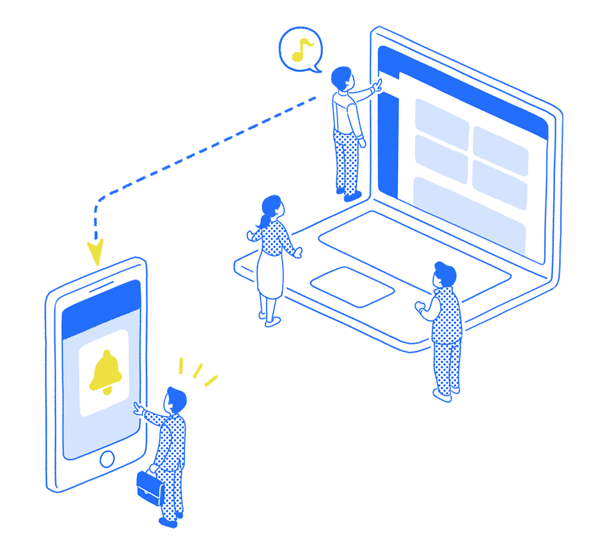 従業員がノートPCからスマホアプリに通知を送っているイラスト